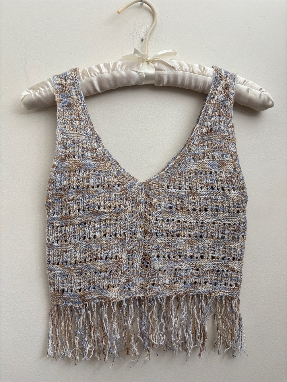 Fringed Knit Tank Top in Beige & Light Blue XXS